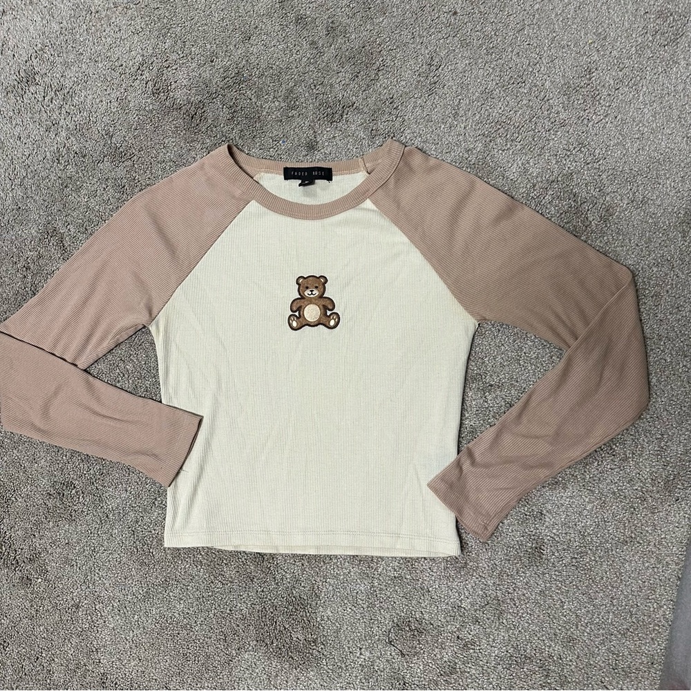 Cream and Tan Long Sleeve Tee with Teddy Bear Embroidery